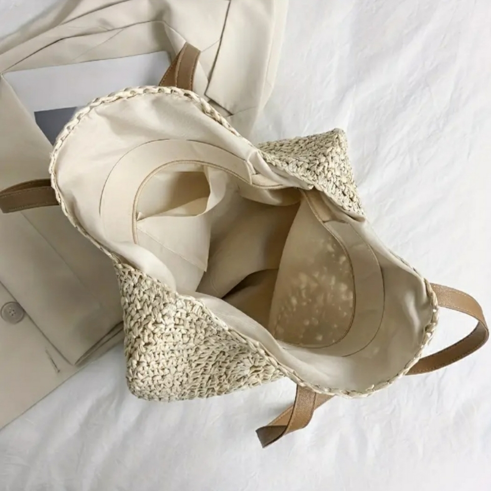 Straw Woven Tote Bag Double Handle Creamy White - Picture 6 of 9